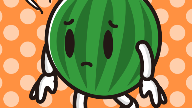 悲しそうなスイカちゃんのイラスト【色、背景あり】PNG