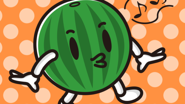 口笛を吹くスイカちゃんのイラスト【色、背景あり】PNG