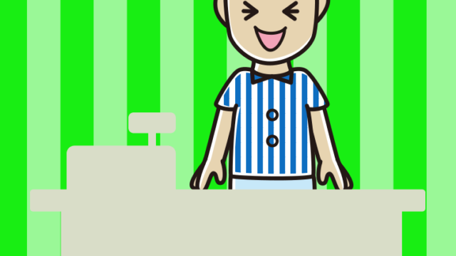 笑う男性コンビニ店員のイラスト【色、背景あり】PNG