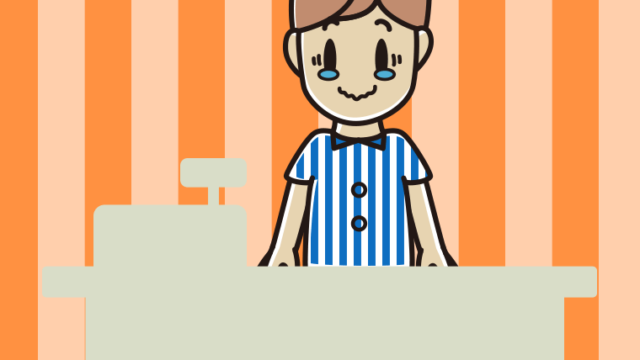 ジーンとする男性コンビニ店員のイラスト【色、背景あり】PNG