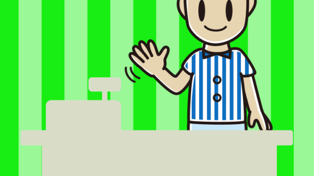 手を振る男性コンビニ店員のイラスト【色、背景あり】PNG