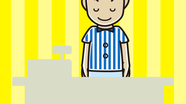 お辞儀する男性コンビニ店員のイラスト【色、背景あり】PNG