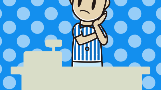 考える男性コンビニ店員のイラスト【色、背景あり】PNG