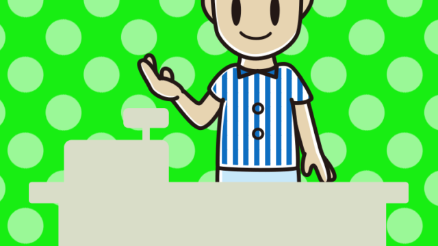 案内する男性コンビニ店員のイラスト【色、背景あり】PNG