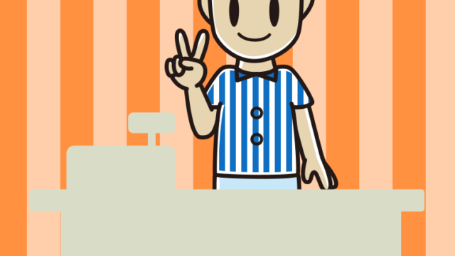 ピースをする男性コンビニ店員のイラスト【色、背景あり】PNG