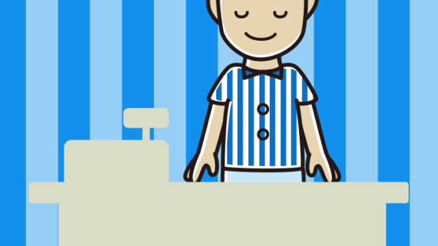 目を閉じる男性コンビニ店員のイラスト【色、背景あり】PNG