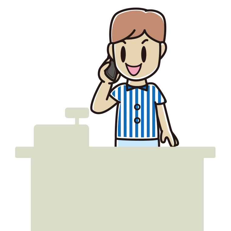 スマホで電話する男性コンビニ店員のイラスト【色あり、背景なし】透過PNG