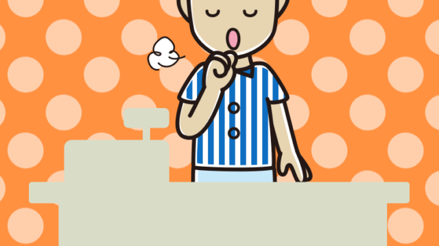 咳払いする男性コンビニ店員のイラスト【色、背景あり】PNG