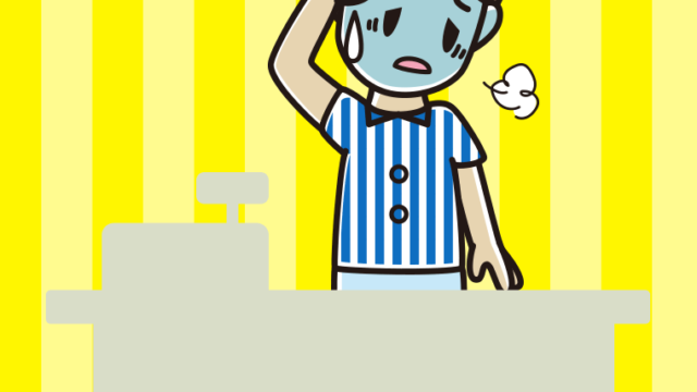 具合が悪い男性コンビニ店員のイラスト【色、背景あり】PNG