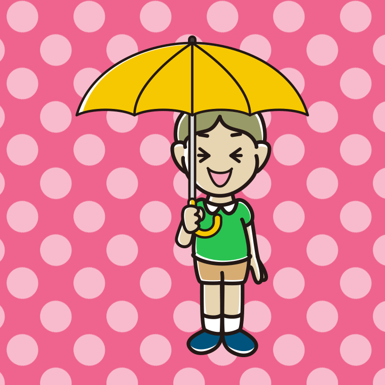 傘をさして笑っている小学生男子のイラスト【色、背景あり】PNG