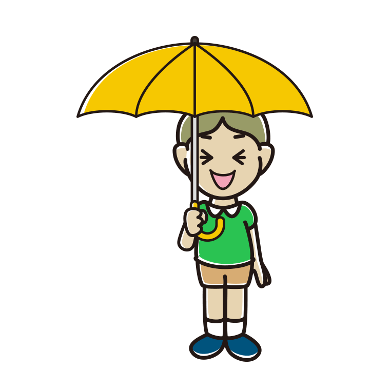 傘をさして笑っている小学生男子のイラスト【色あり、背景なし】透過PNG
