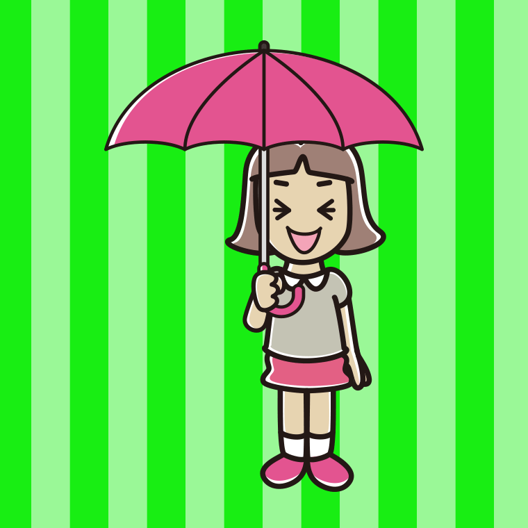 傘をさして笑っている小学生女子のイラスト【色、背景あり】PNG