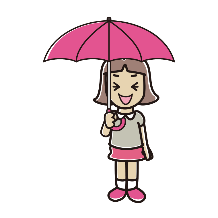 傘をさして笑っている小学生女子のイラスト【色あり、背景なし】透過PNG