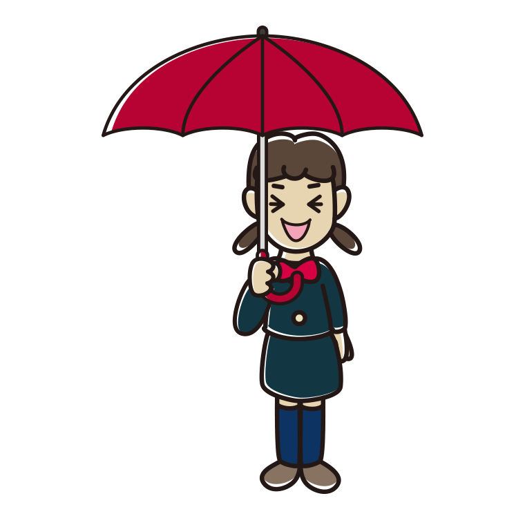 傘をさして笑っている女子中学生のイラスト【色あり、背景なし】透過PNG