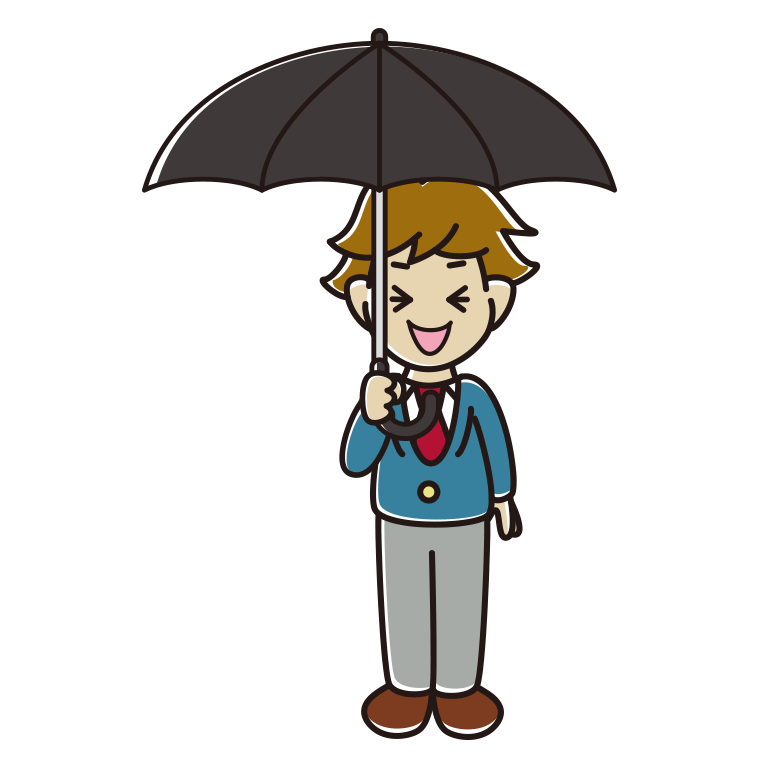 傘をさして笑っている男子高校生のイラスト【色あり、背景なし】透過PNG