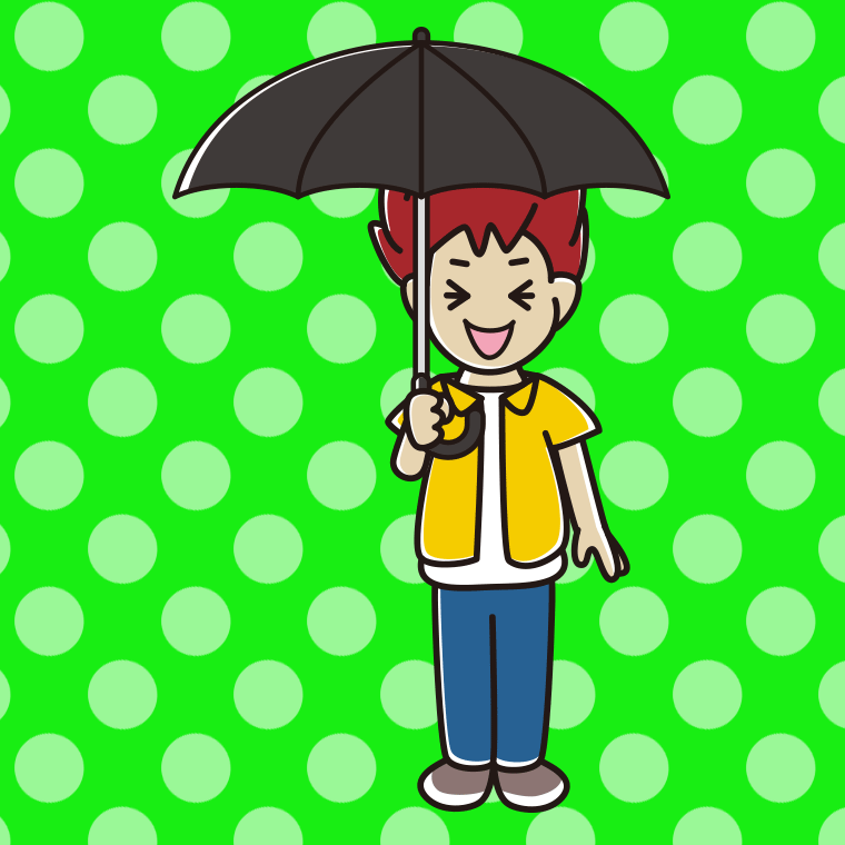 傘をさして笑っている男子大学生のイラスト【色、背景あり】PNG