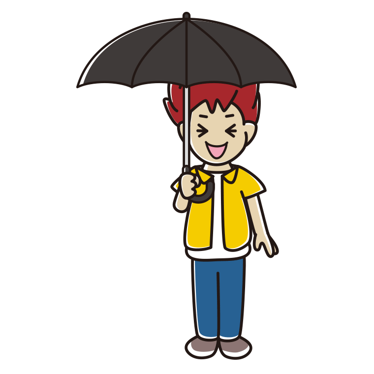 傘をさして笑っている男子大学生のイラスト【色あり、背景なし】透過PNG