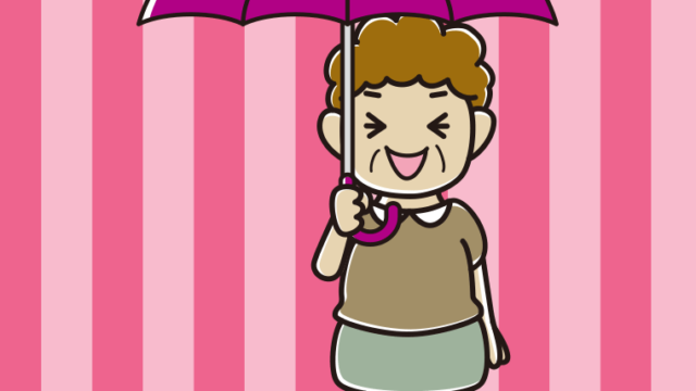 傘をさして笑っているおばさんのイラスト【色、背景あり】PNG