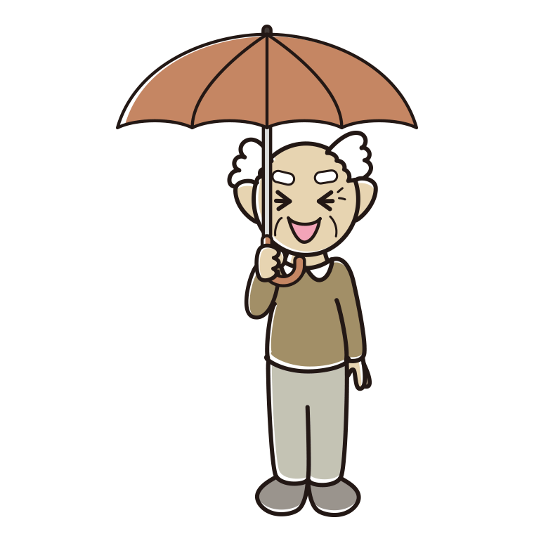 傘をさして笑っているおじいさんのイラスト【色あり、背景なし】透過PNG