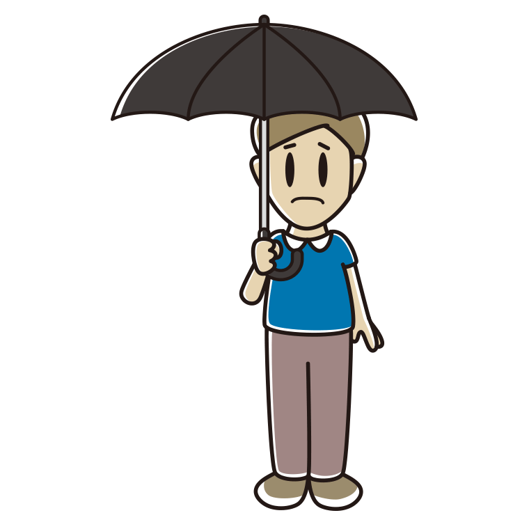 傘をさして困っている男性のイラスト【色あり、背景なし】透過PNG