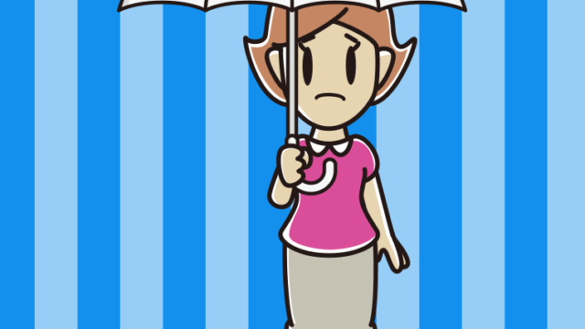 傘をさして困っている女性のイラスト【色、背景あり】PNG