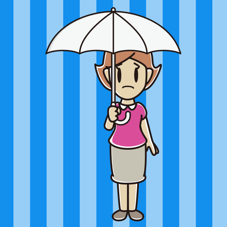 傘をさして困っている女性のイラスト【色、背景あり】PNG