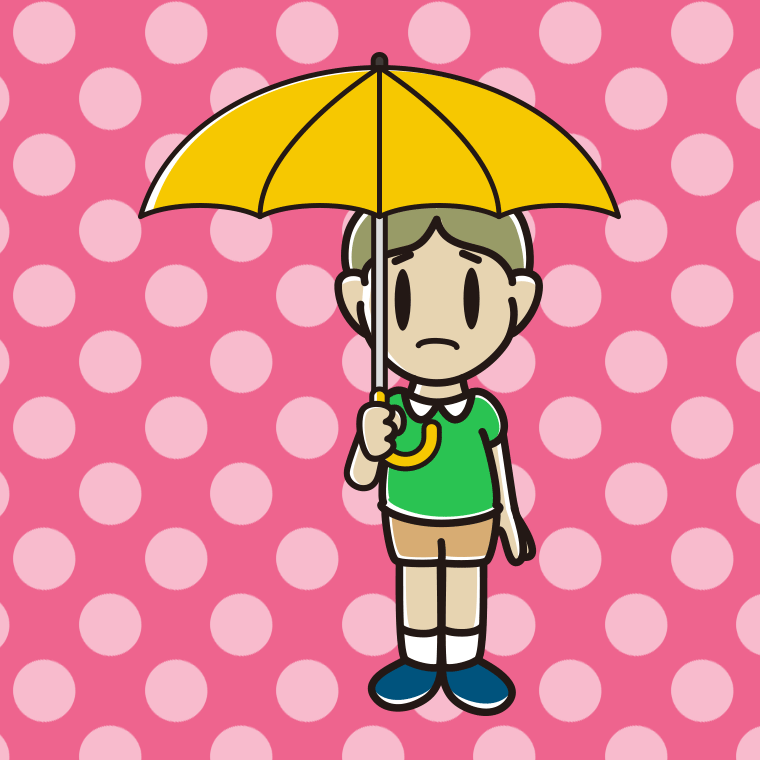 傘をさして困っている小学生男子のイラスト【色、背景あり】PNG