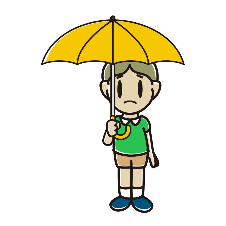 傘をさして困っている小学生男子のイラスト【色あり、背景なし】透過PNG