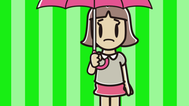 傘をさして困っている小学生女子のイラスト【色、背景あり】PNG