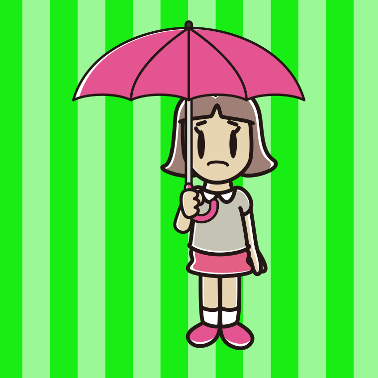 傘をさして困っている小学生女子のイラスト【色、背景あり】PNG