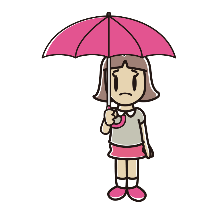 傘をさして困っている小学生女子のイラスト【色あり、背景なし】透過PNG
