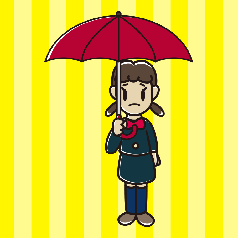 傘をさして困っている女子中学生のイラスト【色、背景あり】PNG