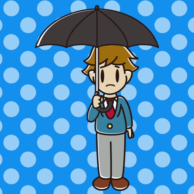 傘をさして困っている男子高校生のイラスト【色、背景あり】PNG