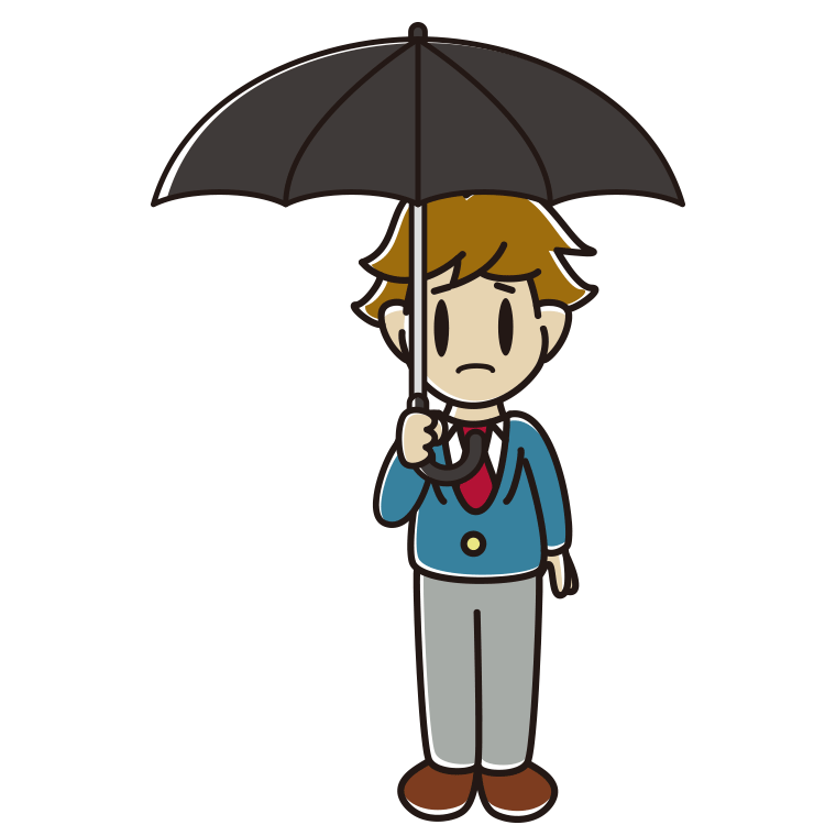 傘をさして困っている男子高校生のイラスト【色あり、背景なし】透過PNG