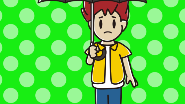 傘をさして困っている男子大学生のイラスト【色、背景あり】PNG