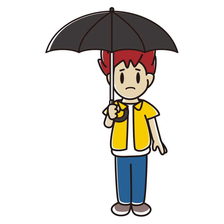 傘をさして困っている男子大学生のイラスト【色あり、背景なし】透過PNG