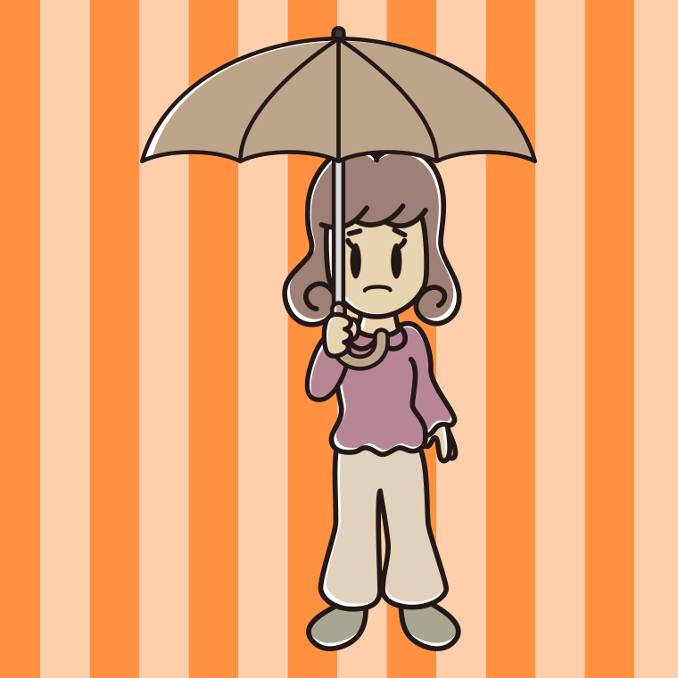 傘をさして困っている女子大学生のイラスト【色、背景あり】PNG