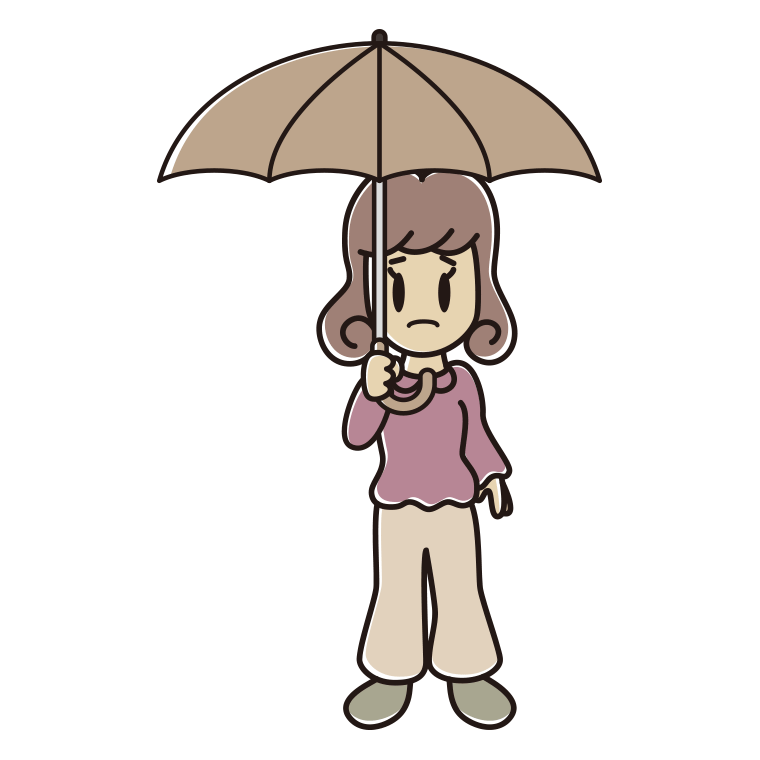 傘をさして困っている女子大学生のイラスト【色あり、背景なし】透過PNG
