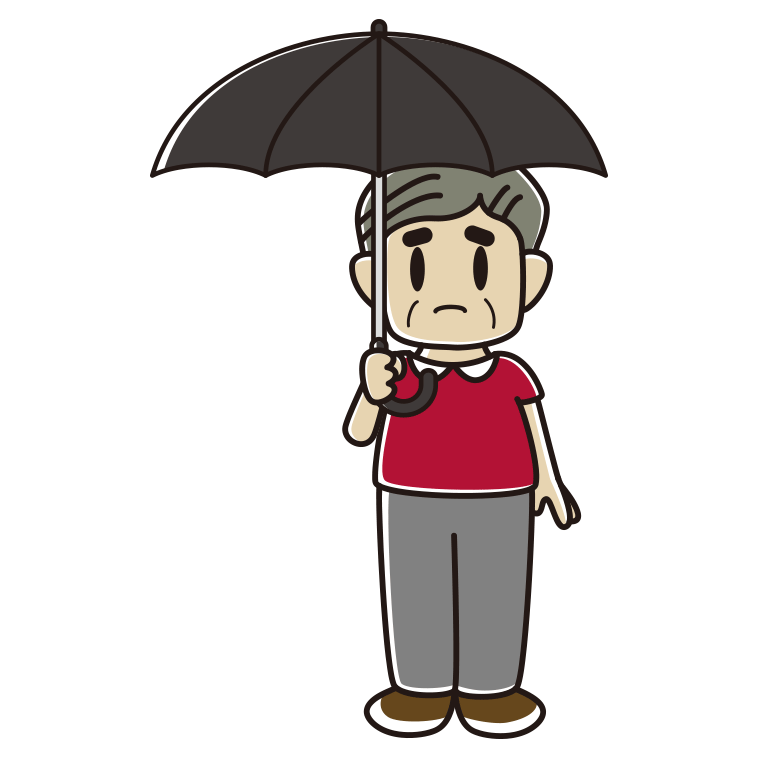 傘をさして困っているおじさんのイラスト【色あり、背景なし】透過PNG