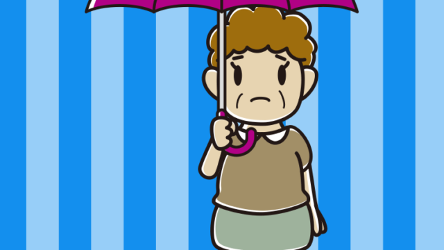 傘をさして困っているおばさんのイラスト【色、背景あり】PNG