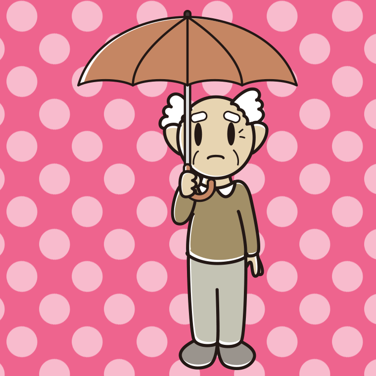 傘をさして困っているおじいさんのイラスト【色、背景あり】PNG