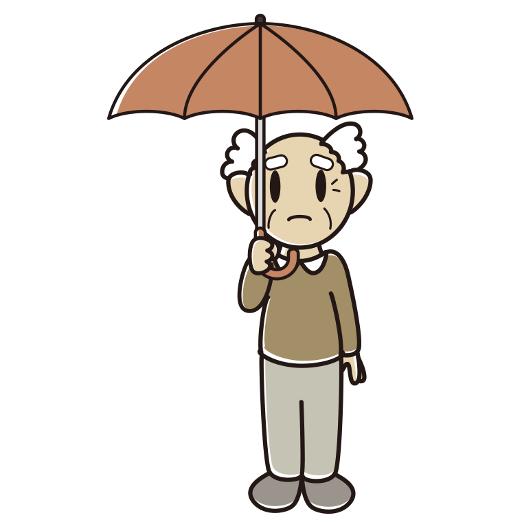 傘をさして困っているおじいさんのイラスト【色あり、背景なし】透過PNG