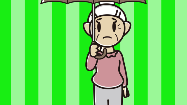 傘をさして困っているおばあさんのイラスト【色、背景あり】PNG