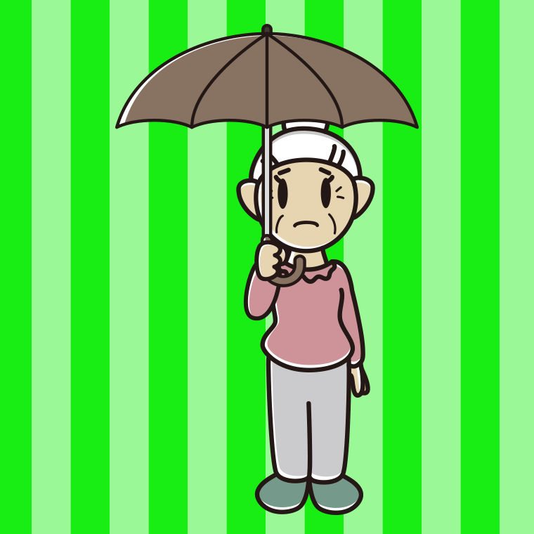 傘をさして困っているおばあさんのイラスト【色、背景あり】PNG