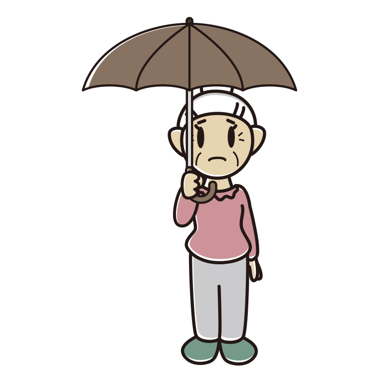 傘をさして困っているおばあさんのイラスト【色あり、背景なし】透過PNG
