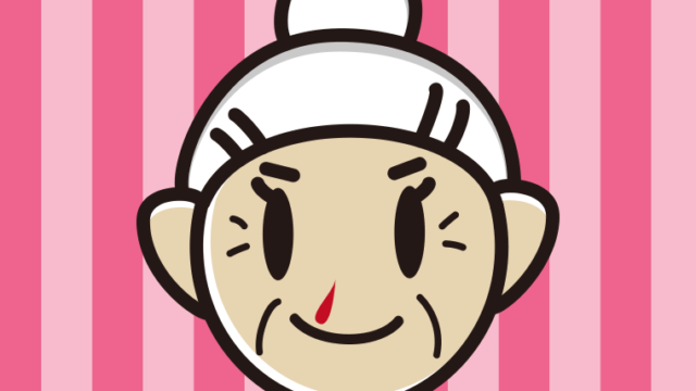 鼻血に気付かず笑顔のおばあさんのイラスト【色、背景あり】PNG