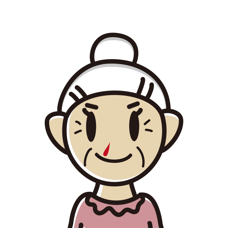 鼻血に気付かず笑顔のおばあさんのイラスト【色あり、背景なし】透過PNG