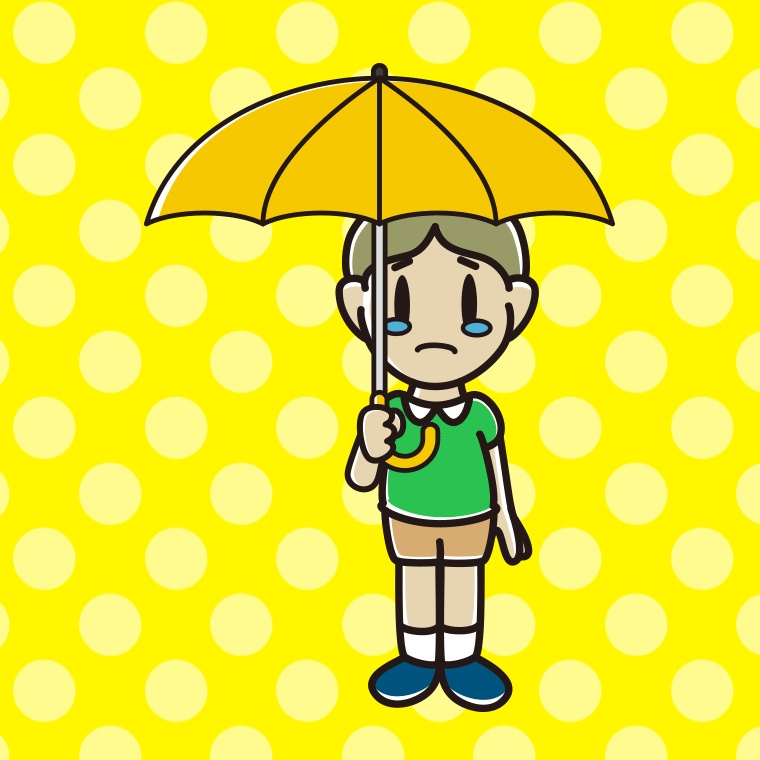 傘をさして泣いている小学生男子のイラスト【色、背景あり】PNG