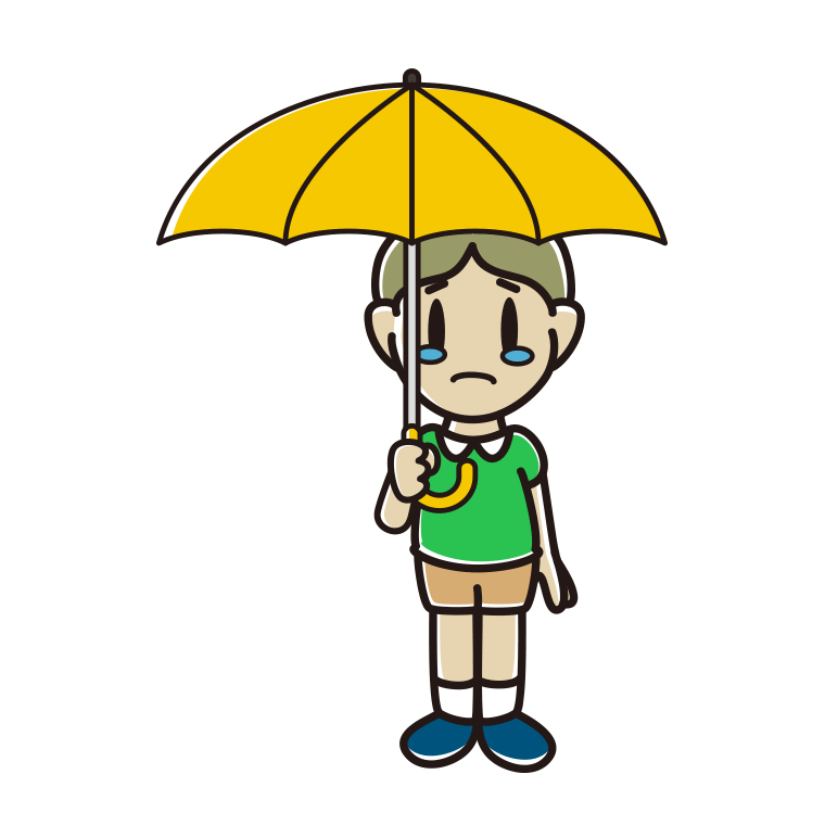 傘をさして泣いている小学生男子のイラスト【色あり、背景なし】透過PNG