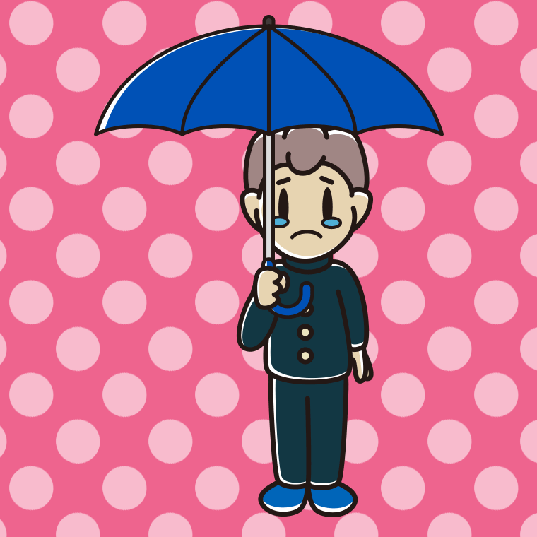 傘をさして泣いている男子中学生のイラスト【色、背景あり】PNG